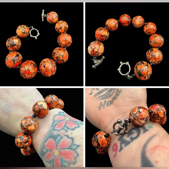 Vintage Sterling Silver Coral Onyx Inlayed Chunky Toggle  Bracelet Inlayed Coral - Picture 1 of 6